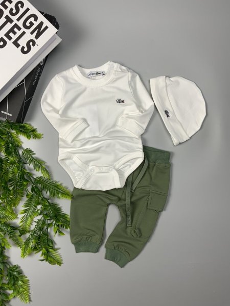 تبان مع بنطلون بيبي قطن Lacoste 20502 - أبيض مع زيتي <br> <span class='text-color-warm'>نفدت الكمية</span>